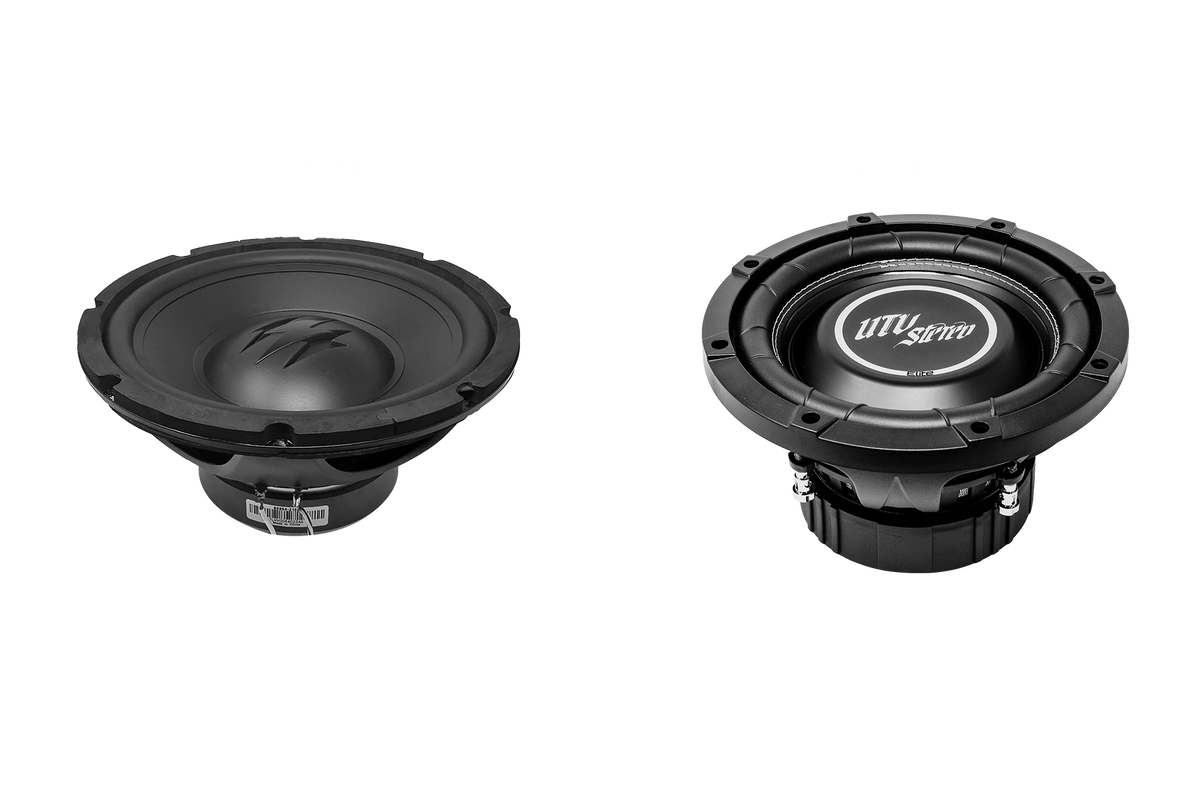 Two UTV Stereo Elite subwoofers shown from front and side angles