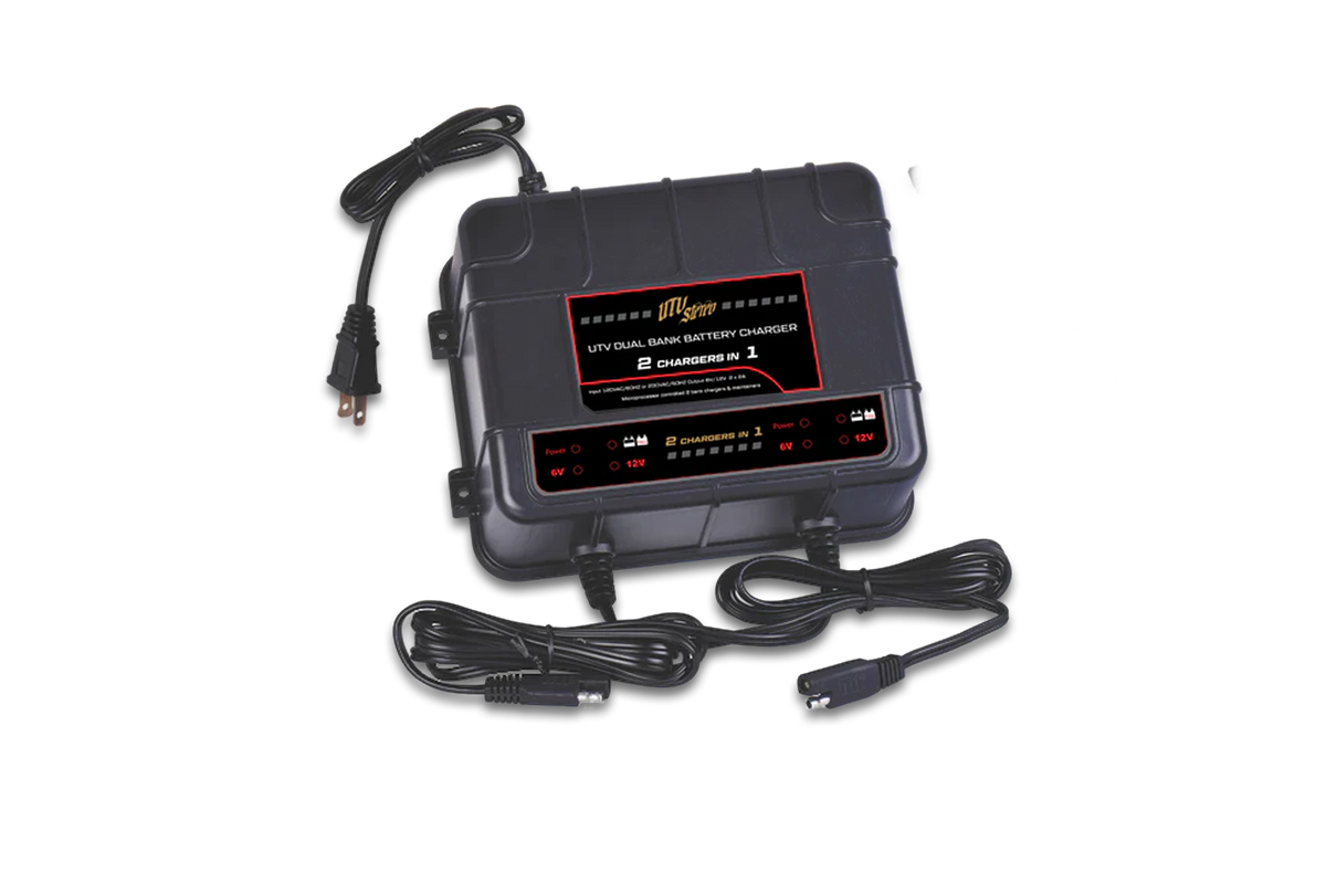 UTV Stereo dual bank battery charger with power cord and two output cables