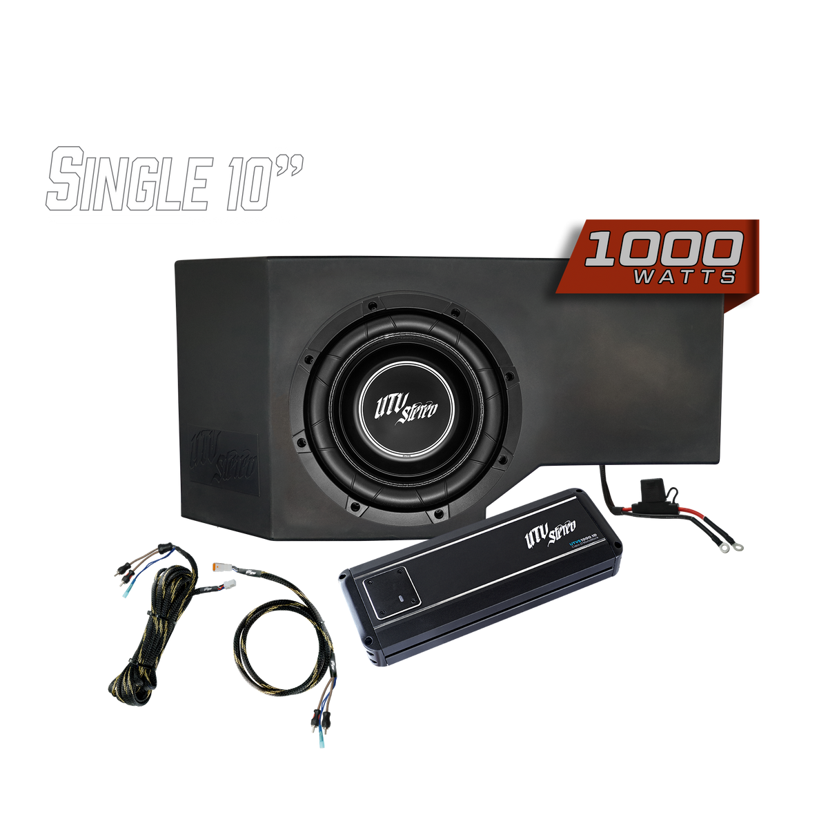 UTV Stereo single 10 inch subwoofer enclosure with 1000 watt amplifier and wiring kit