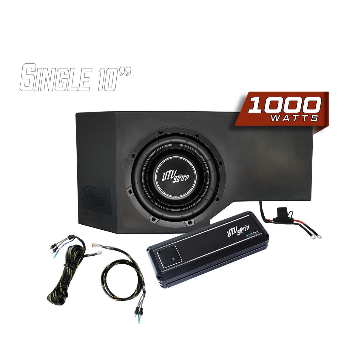 UTV Stereo single 10 inch subwoofer enclosure with 1000 watt amplifier and wiring kit