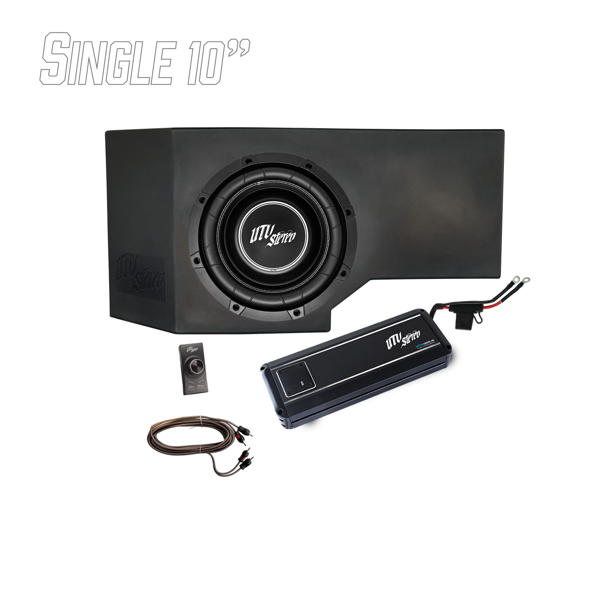 UTV Stereo single 10 inch subwoofer enclosure with amplifier, bass knob, and wiring