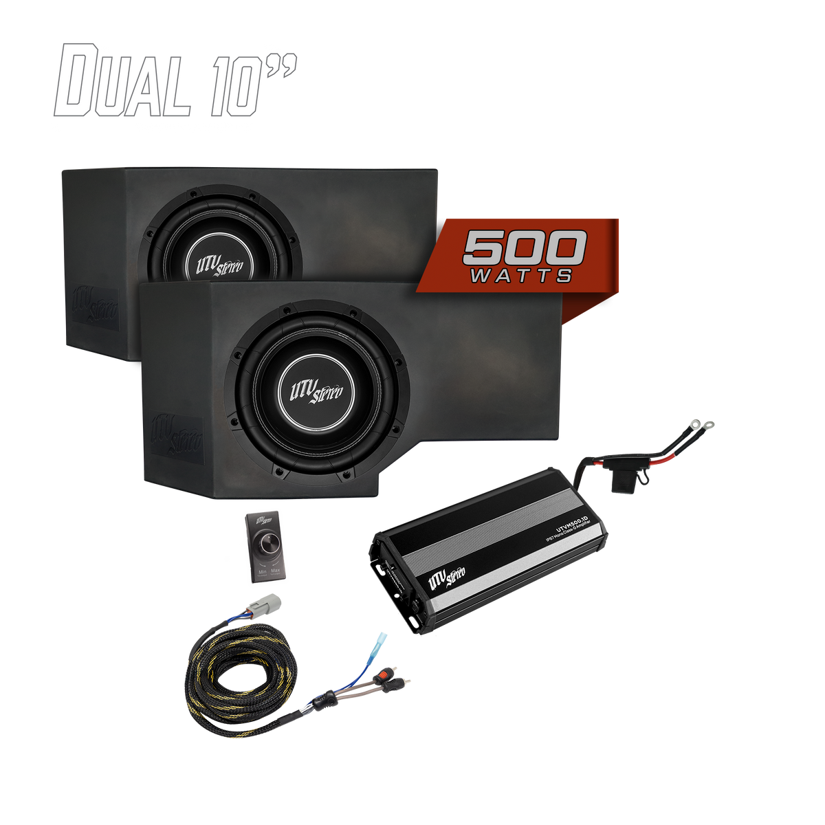 UTV Stereo dual 10 inch subwoofer enclosure kit with 500 watt amplifier and wiring