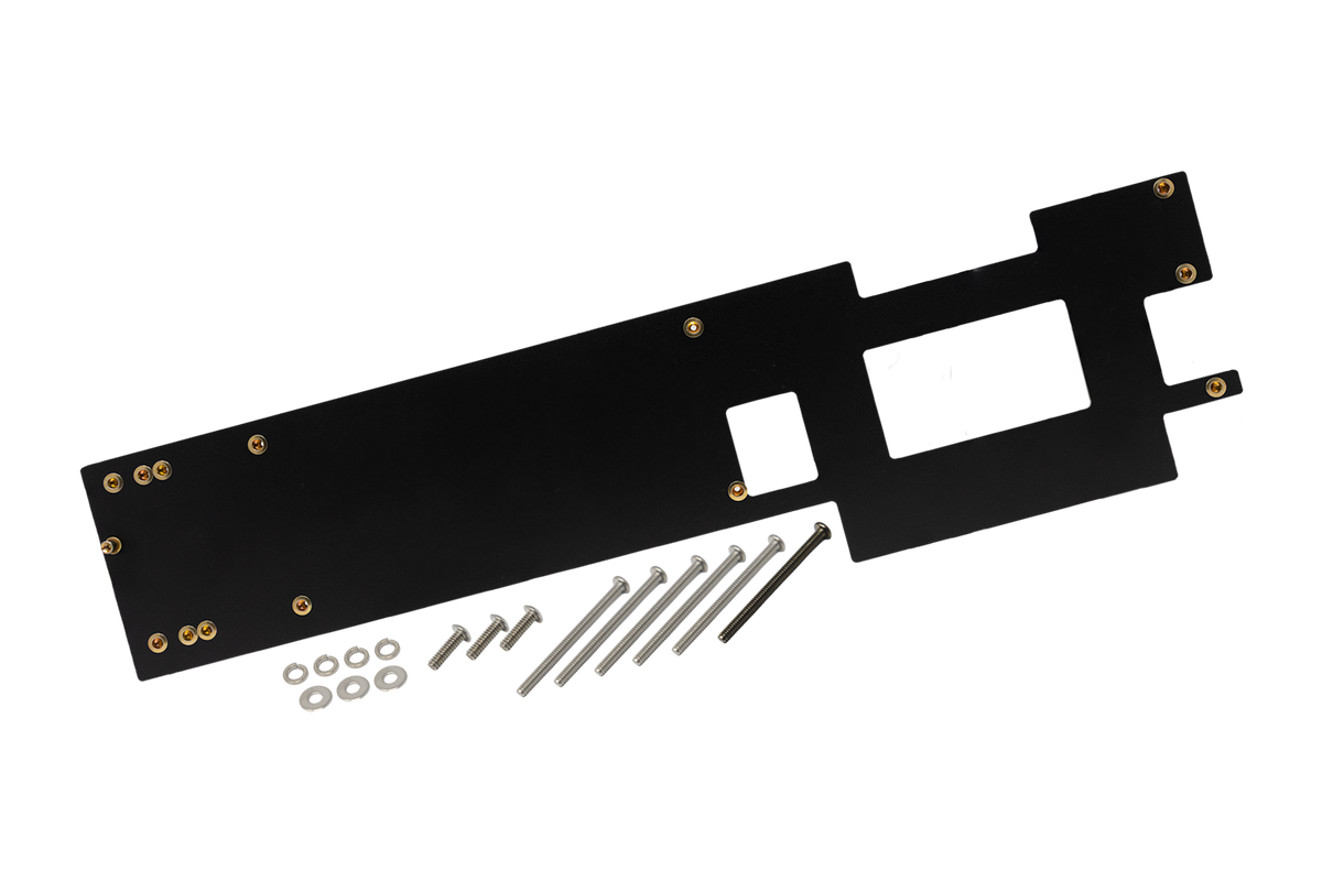Black metal mounting plate with hardware screws and washers