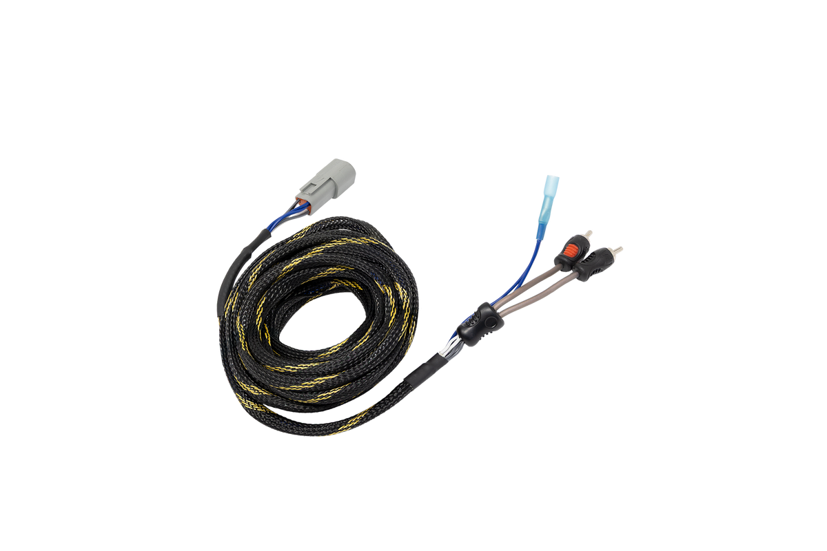 Coiled black and yellow braided wiring harness with grey connector and RCA plugs