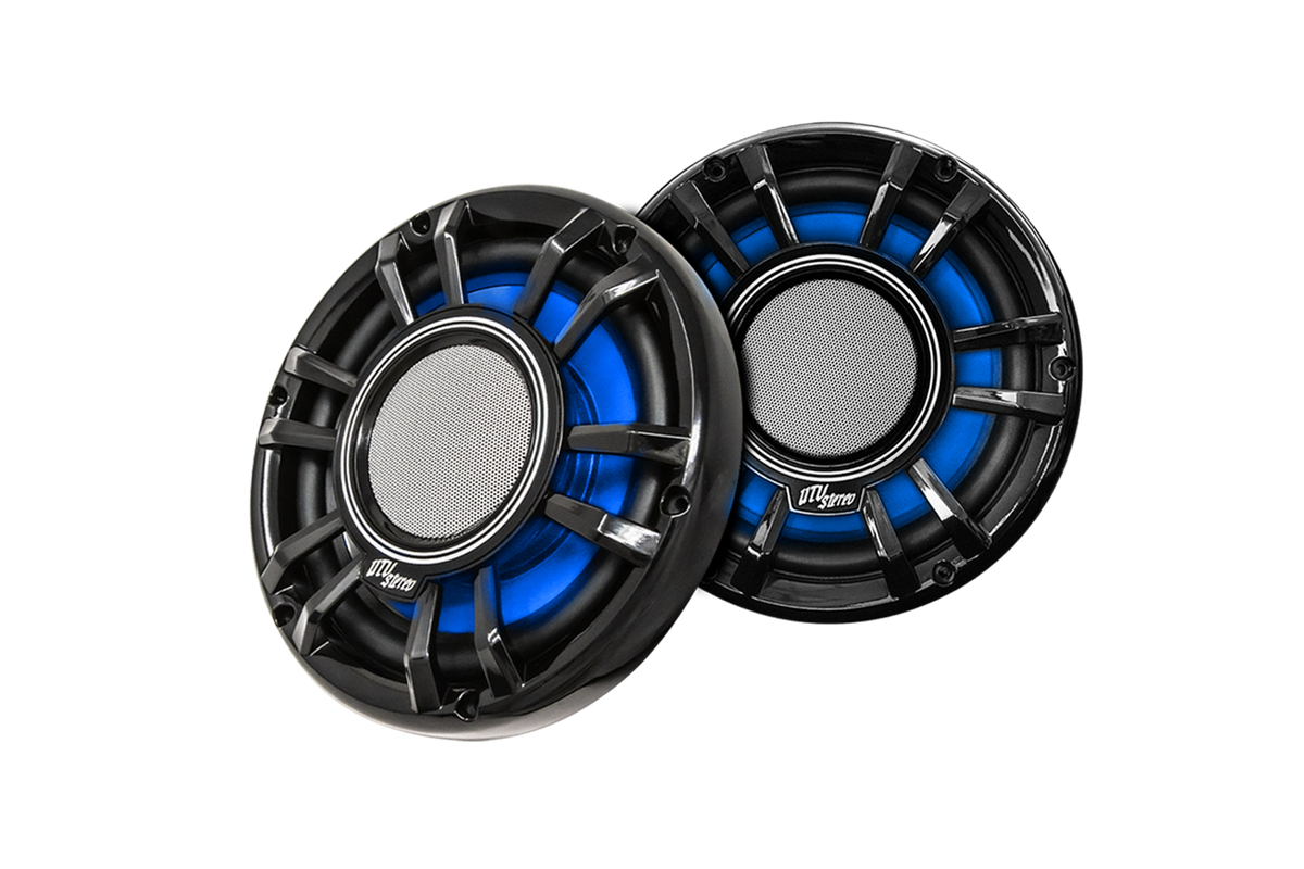 Two UTV Stereo circular speakers with black grilles and blue LED lighting