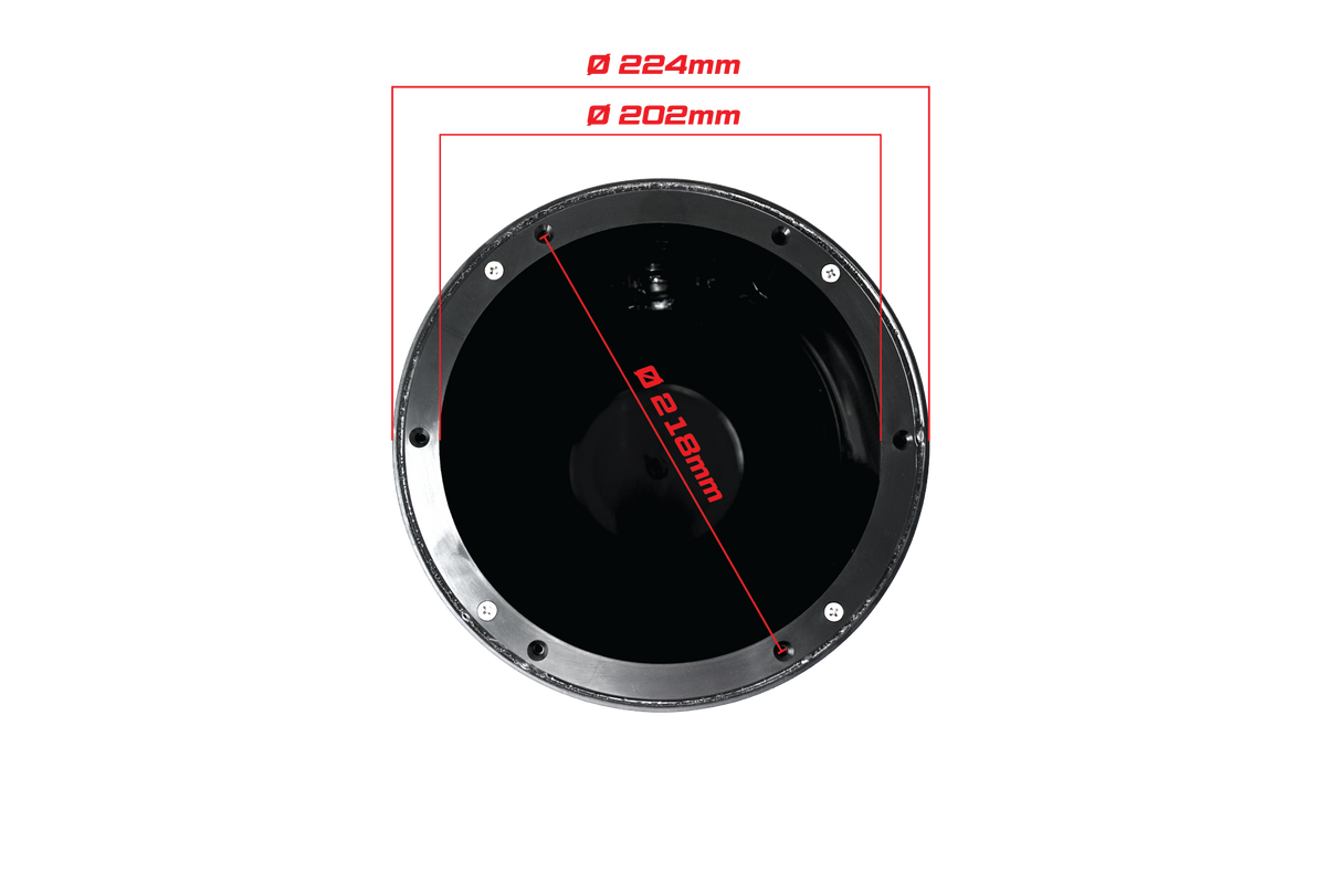Technical diagram of a circular speaker housing showing dimensions of 224mm 202mm and 218mm