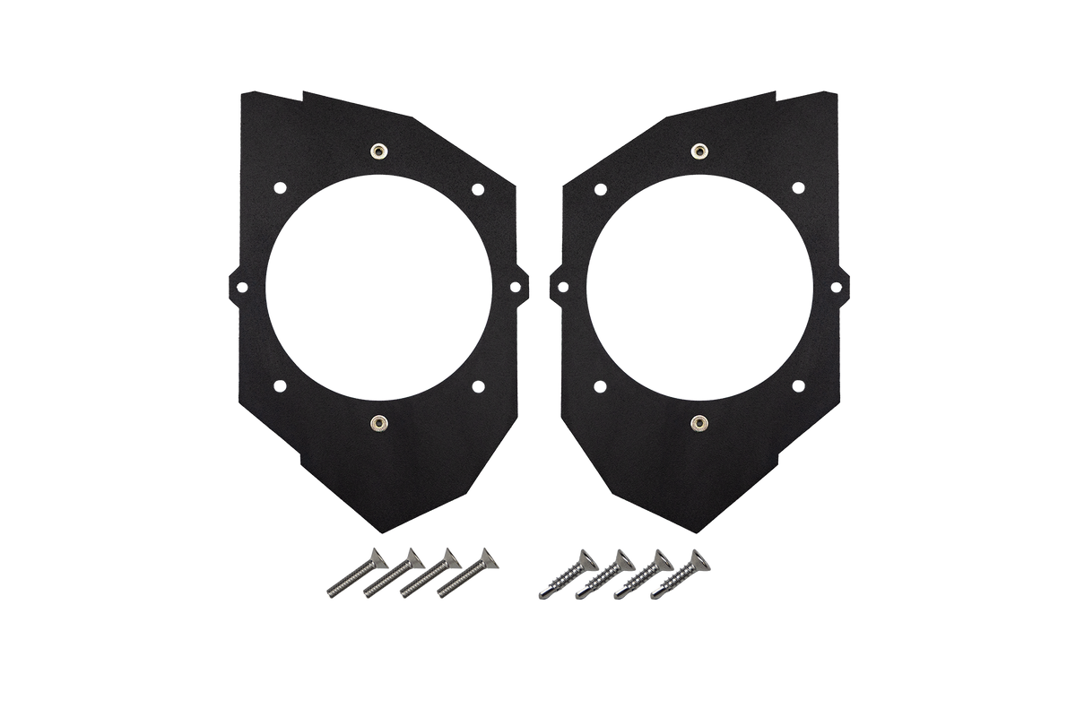 Two black metal speaker mounting brackets with eight silver screws