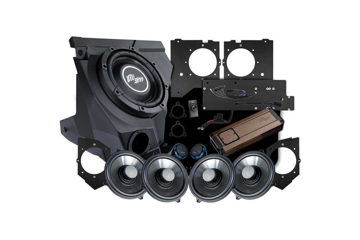 UTV Stereo audio system kit including subwoofer enclosure, amplifier, four speakers, and mounting brackets