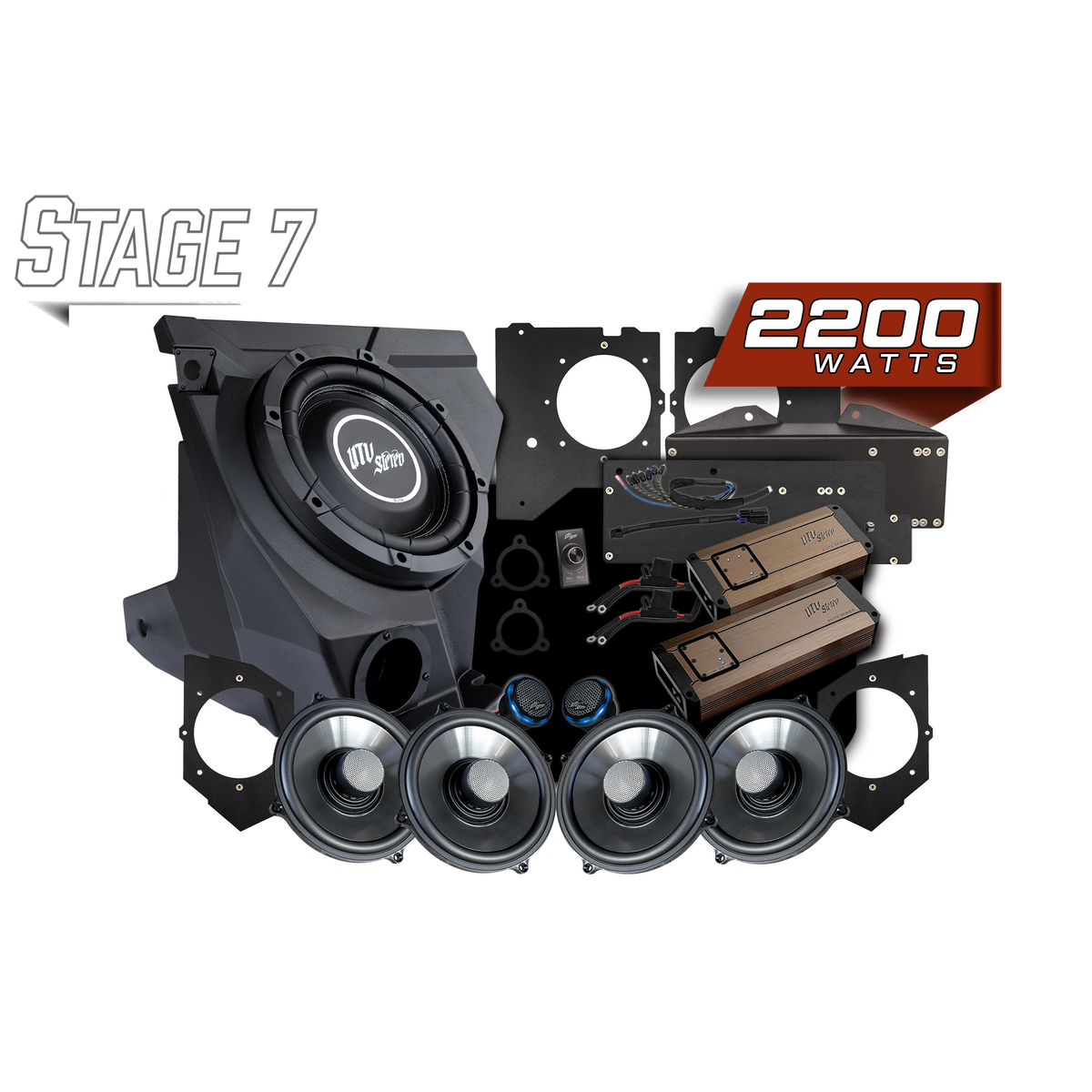 UTV Stereo Stage 7 2200 watt audio system kit with subwoofer speakers amplifiers and mounting hardware