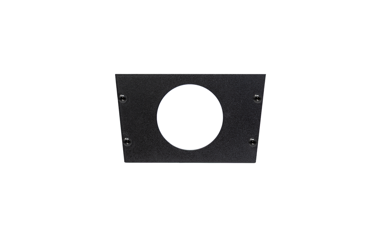 Black trapezoidal mounting plate with a central circular cutout and four corner screws