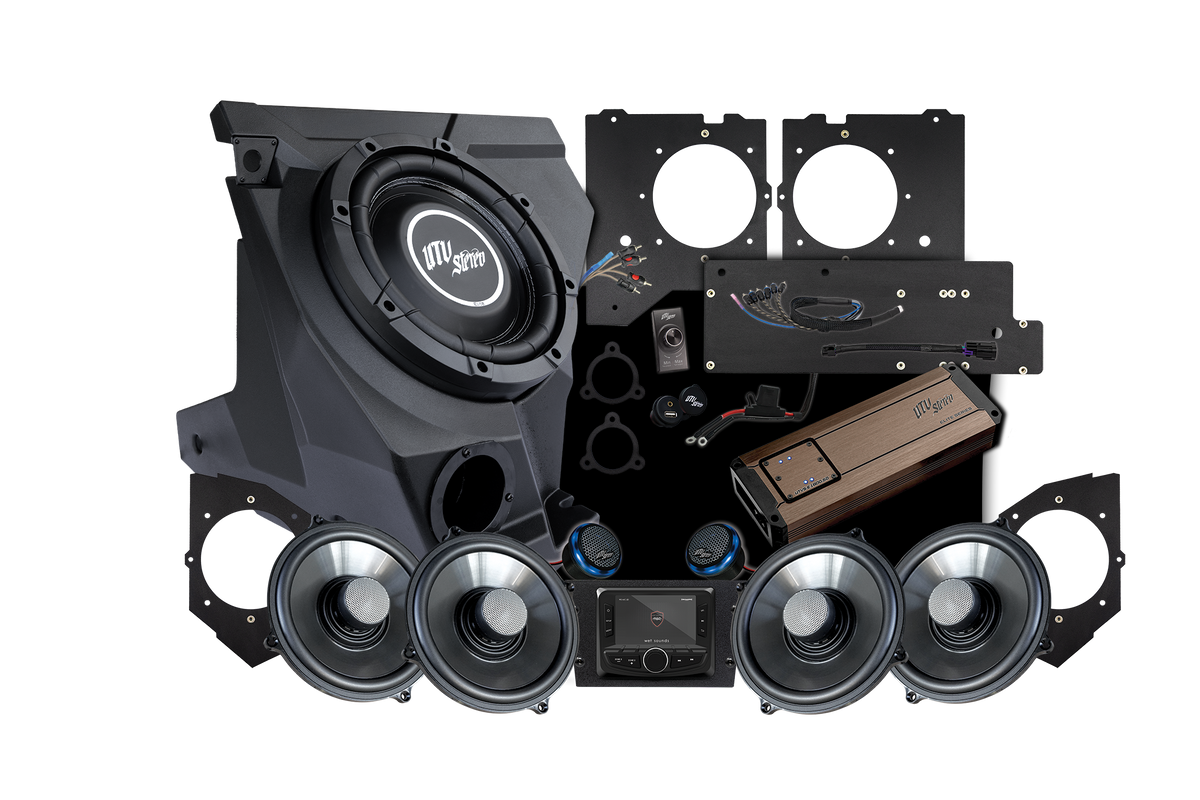UTV Stereo audio system kit including subwoofer enclosure speakers amplifier and mounting hardware