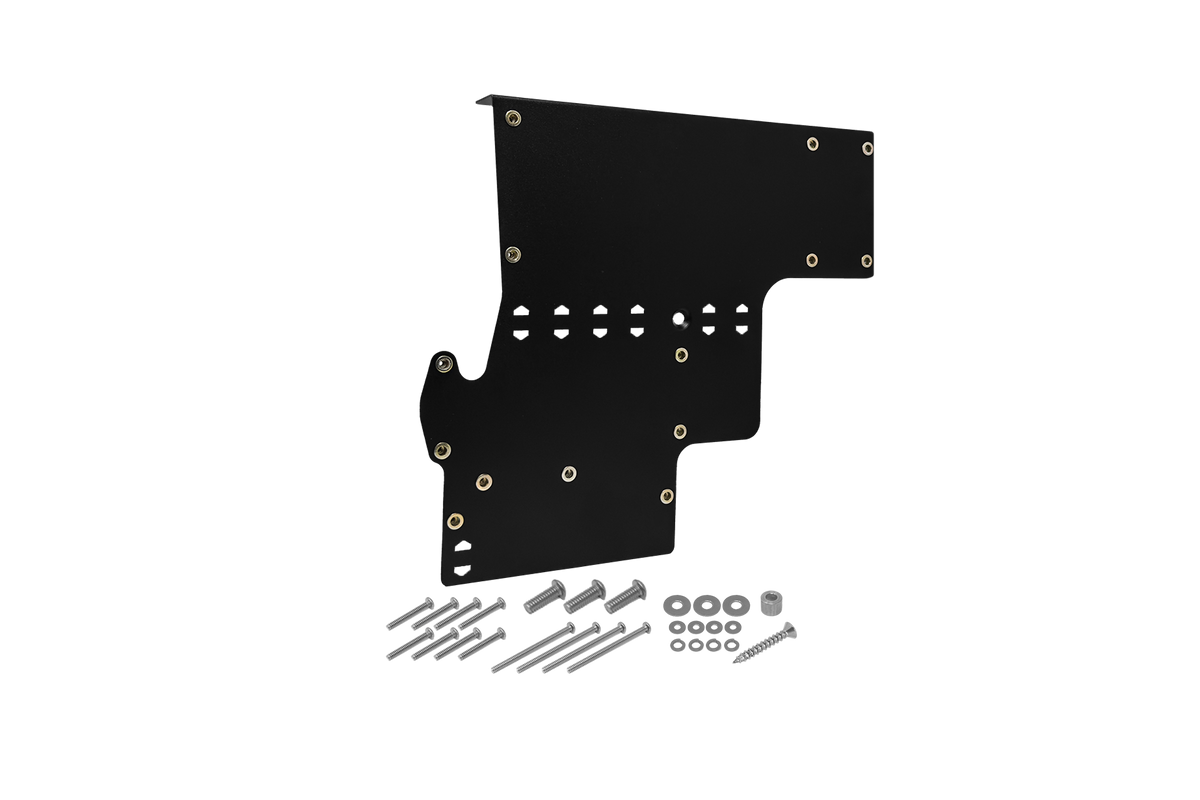 Black metal mounting bracket with included screws and washers
