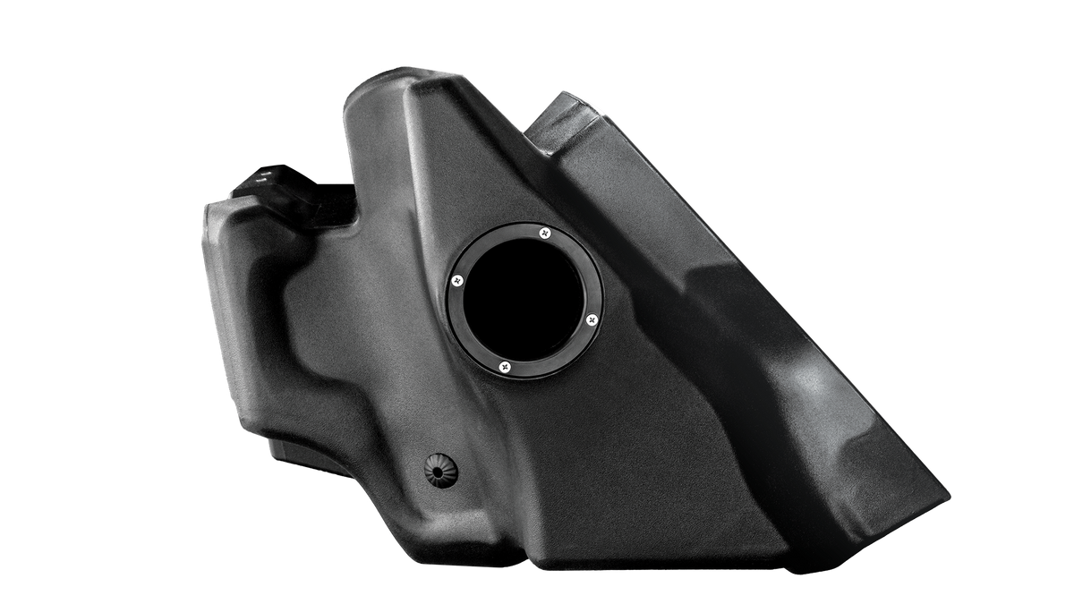 Black plastic motorcycle fuel tank with circular filler neck