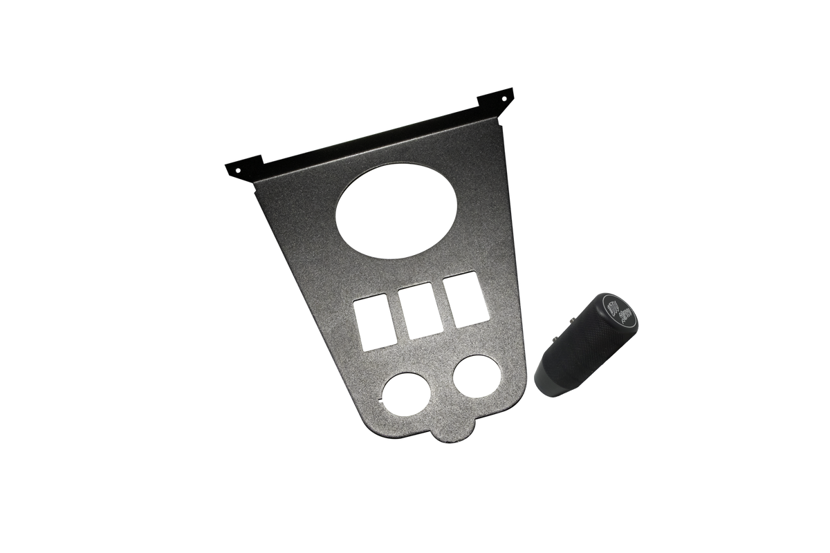 Black metal switch panel with gauge cutout and matching textured shift knob