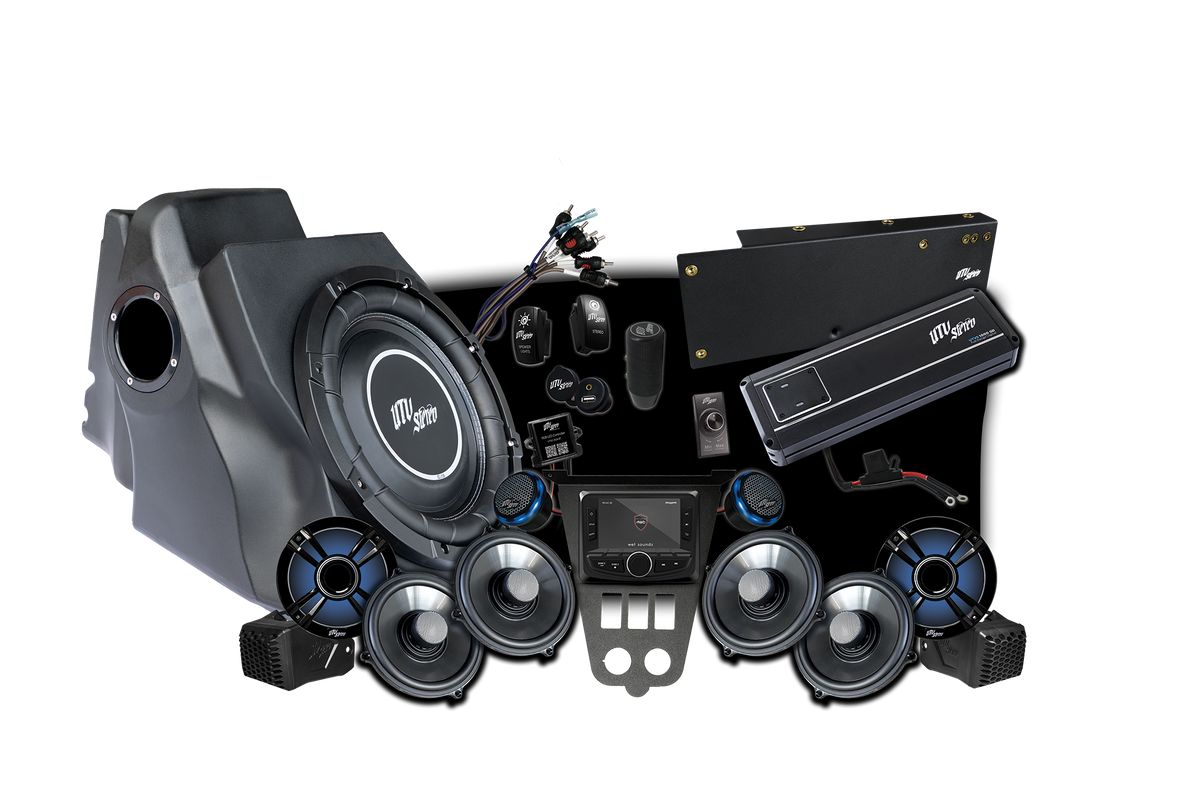 UTV Stereo audio system bundle including subwoofer enclosure speakers amplifier and head unit