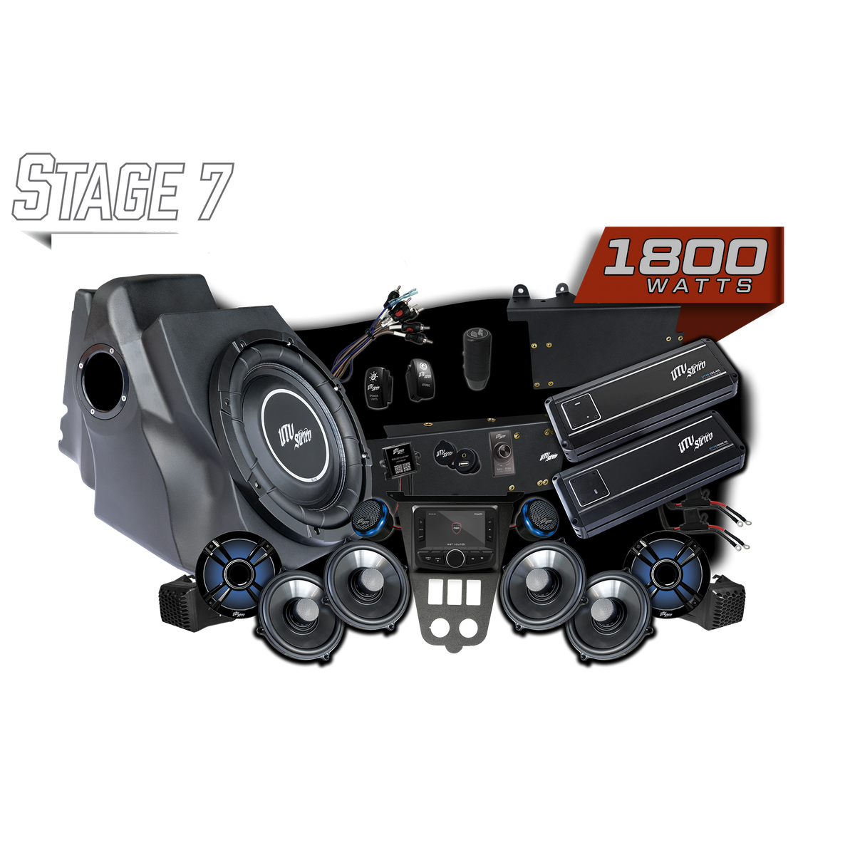 UTV Stereo Stage 7 1800 watt audio system kit with speakers amplifiers and head unit