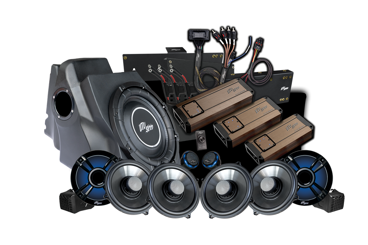 UTV Stereo audio system bundle including subwoofer enclosure amplifiers speakers and wiring harness