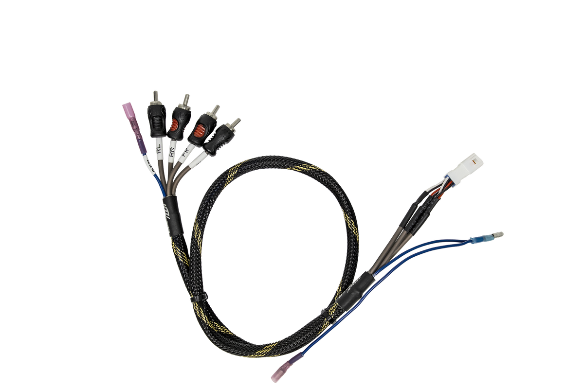 RCA output harnesses with remote wire featuring a combination of black, blue, and red wires and connectors angled 15 degrees