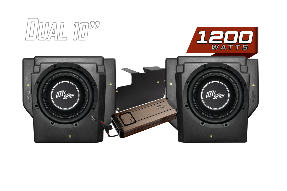 UTV Stereo dual 10 inch subwoofer kit with 1200 watt amplifier and mounting hardware