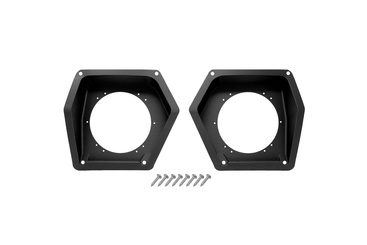 Two black hexagonal speaker mounting brackets with mounting screws