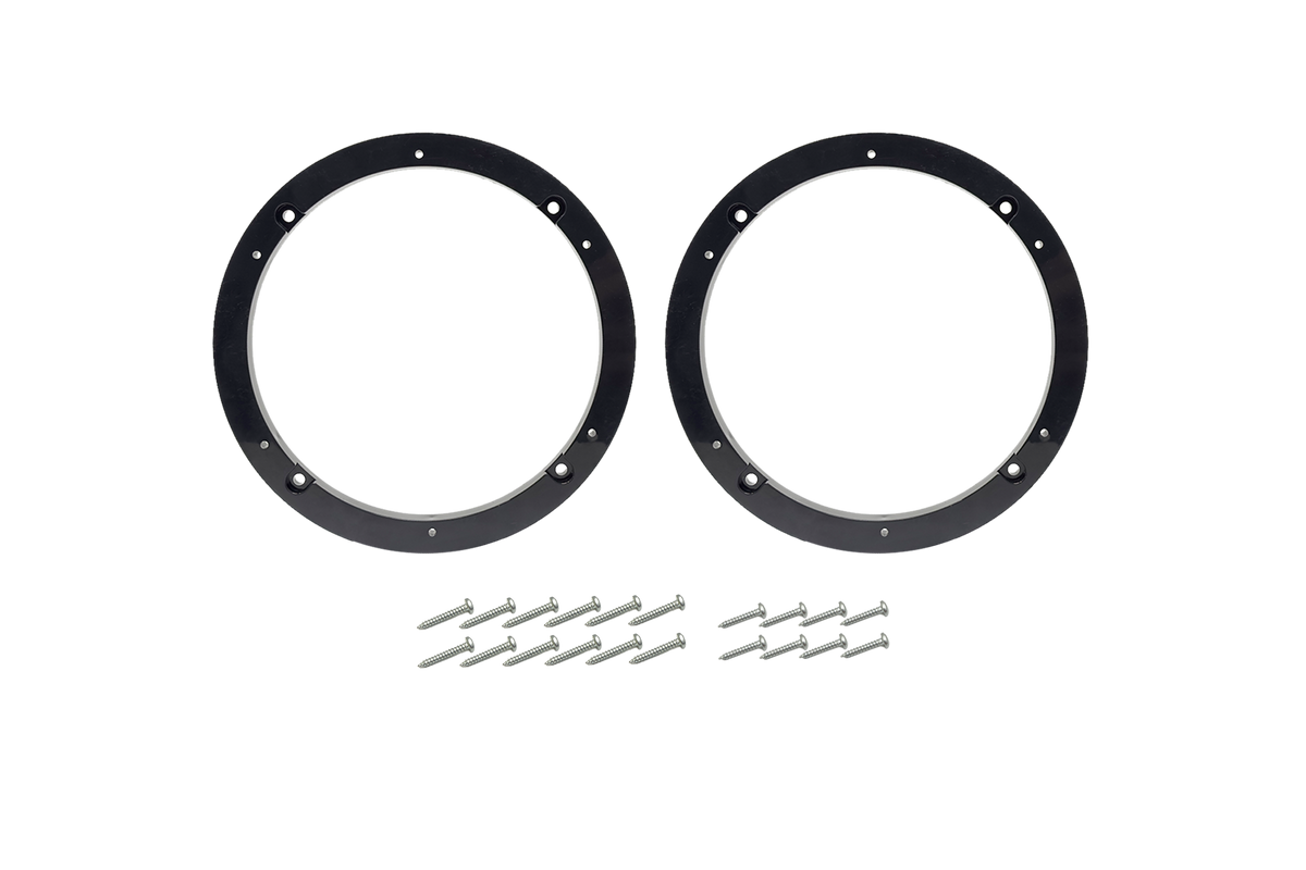 Two black circular speaker adapter rings with mounting screws