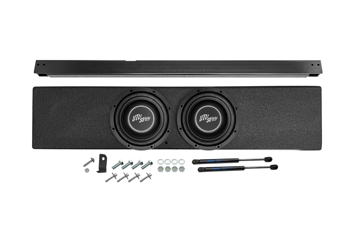 UTV Stereo dual subwoofer enclosure with mounting hardware and gas struts