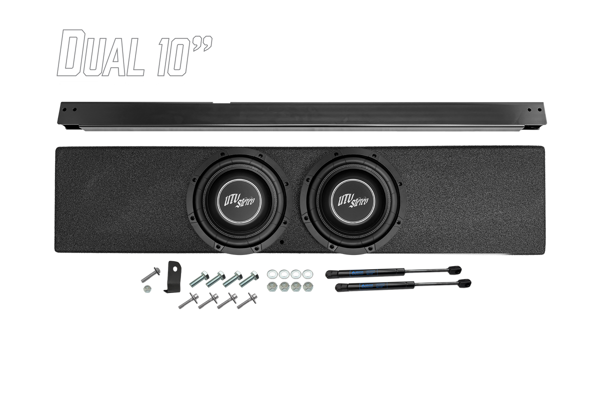 UTV Stereo dual 10 inch subwoofer enclosure kit with mounting hardware and gas struts