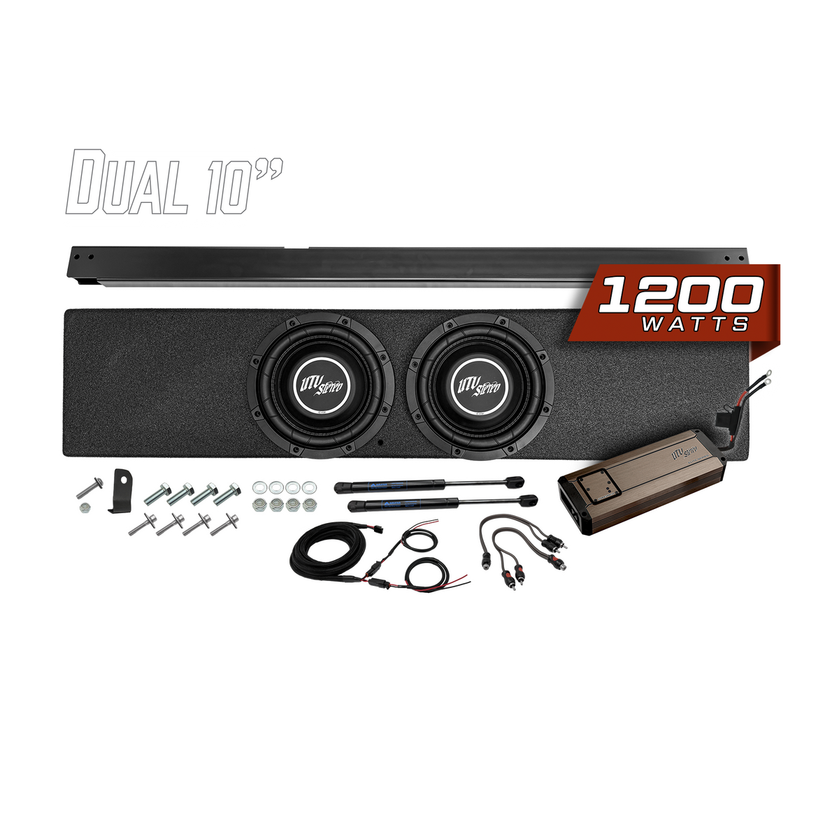 UTV Stereo dual 10 inch subwoofer enclosure kit with 1200 watt amplifier and installation hardware