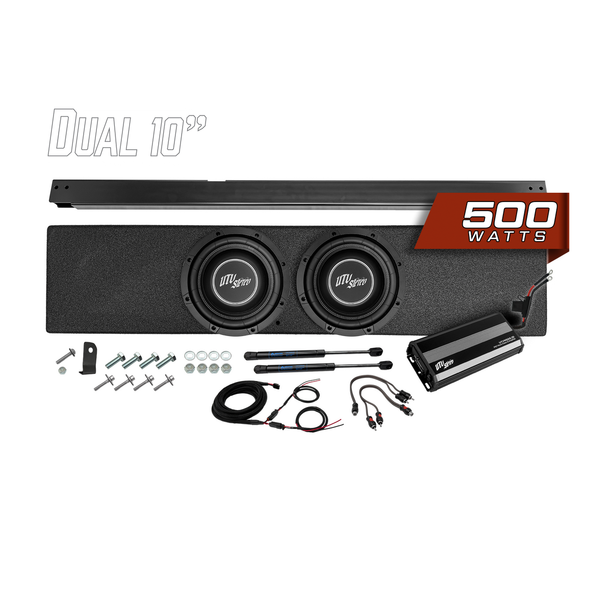 UTV Stereo dual 10 inch subwoofer enclosure kit with 500 watt amplifier and installation hardware
