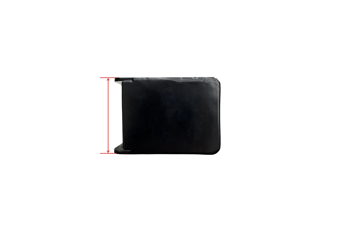 Black rectangular component with red vertical measurement arrows on the left side