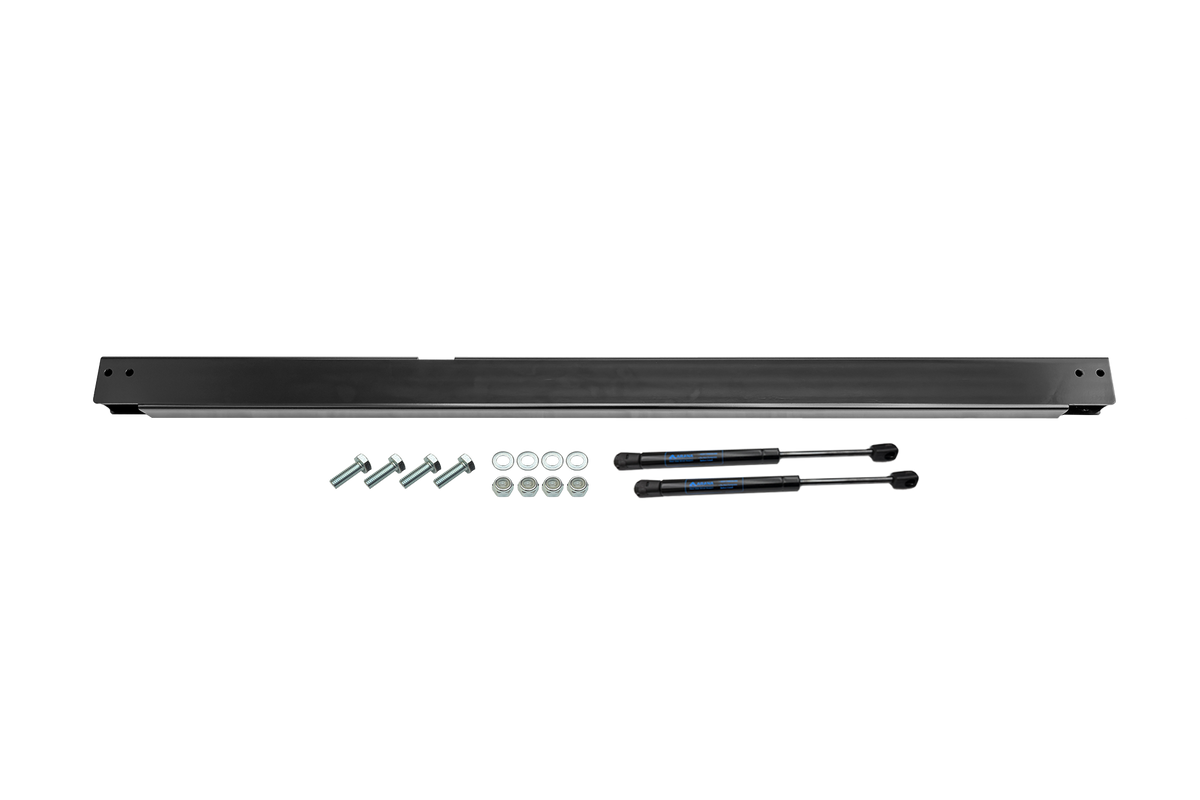 Black metal support bar with four bolts four nuts and two gas struts