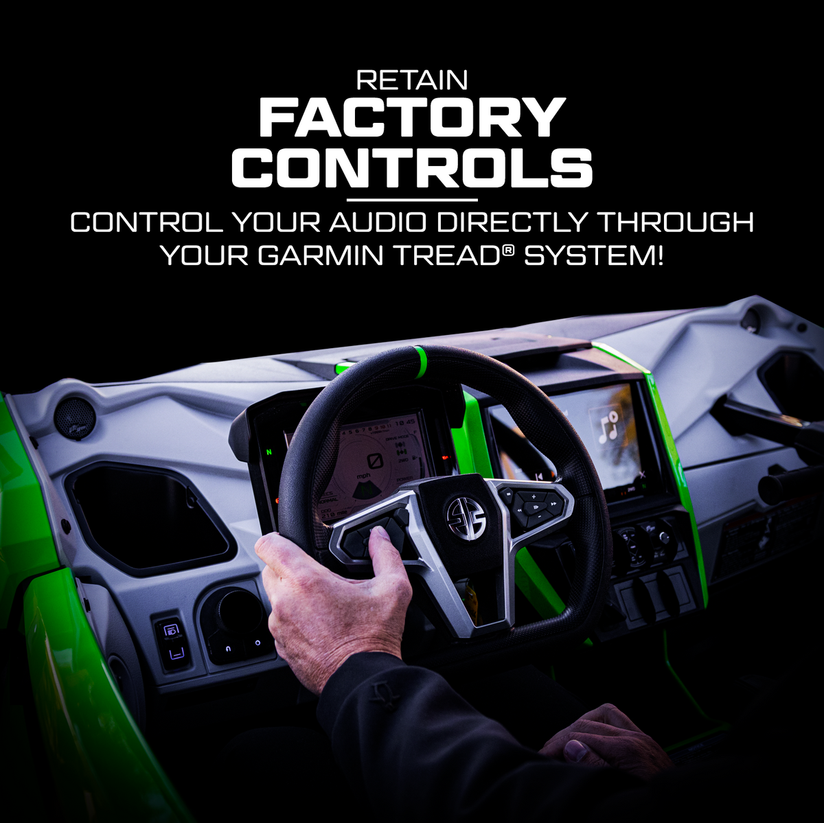 UTV Stereo graphic showing driver using steering wheel controls to operate Garmin Tread audio system