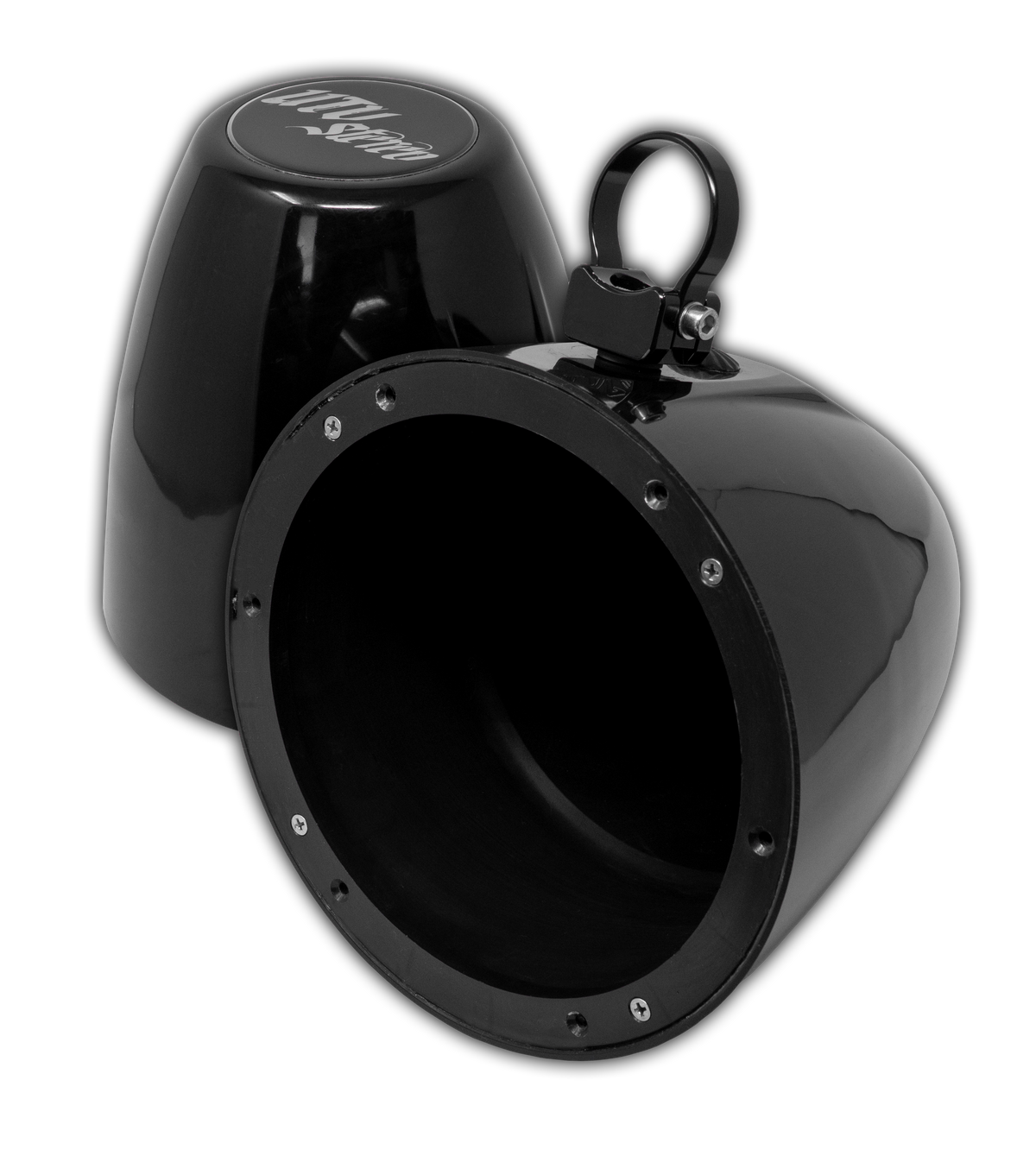 Pair of black UTV Stereo speaker pods with mounting clamps