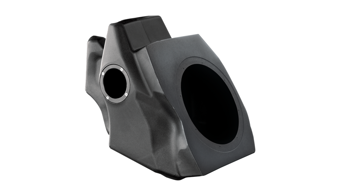 UTV Stereo black molded plastic subwoofer enclosure with speaker cutouts