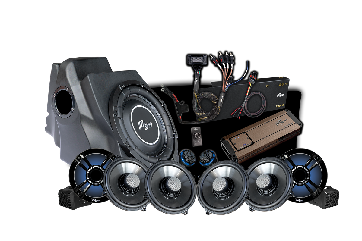 UTV Stereo audio system kit including subwoofer enclosure, amplifier, speakers, and wiring harness