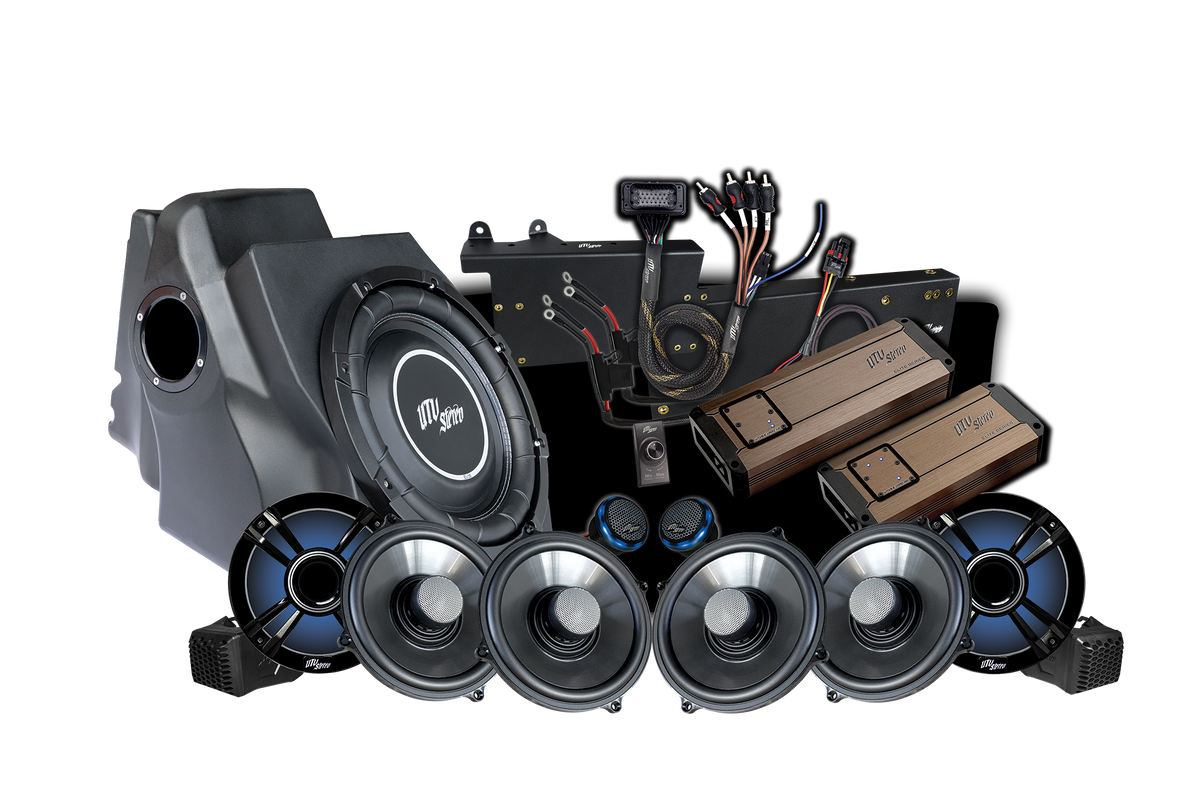 UTV Stereo audio system kit including subwoofer enclosure, amplifiers, speakers, and wiring harness