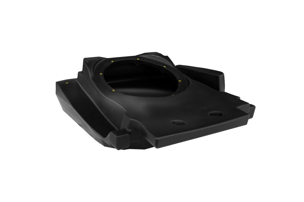 Black plastic subwoofer enclosure with circular speaker mount