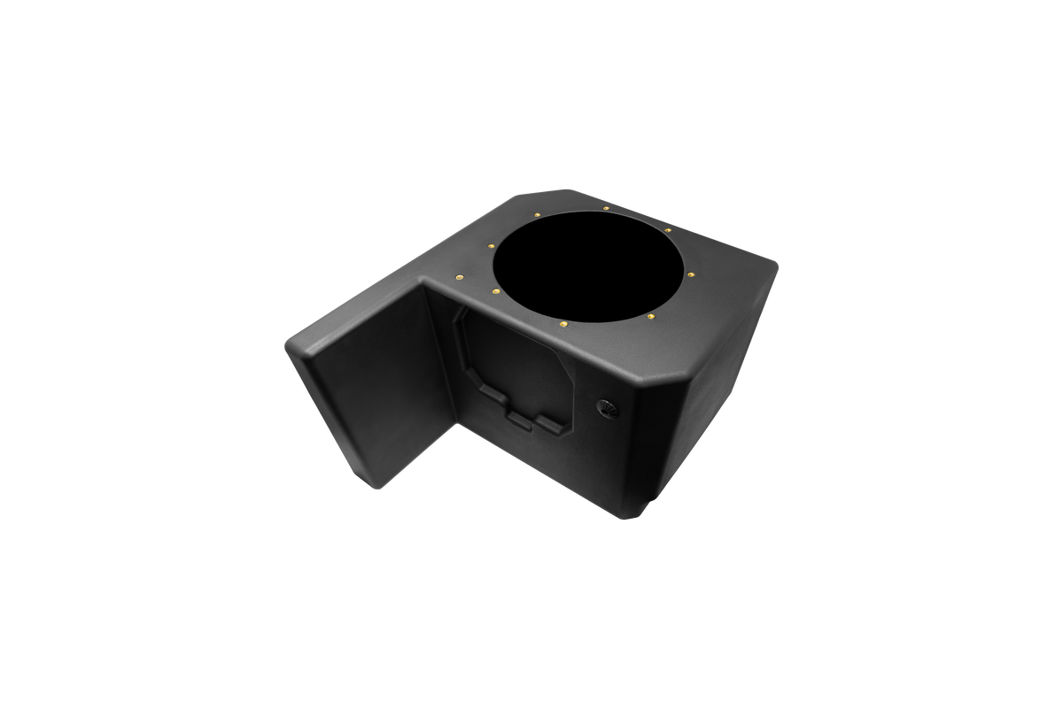 Black plastic subwoofer enclosure with circular speaker mounting hole