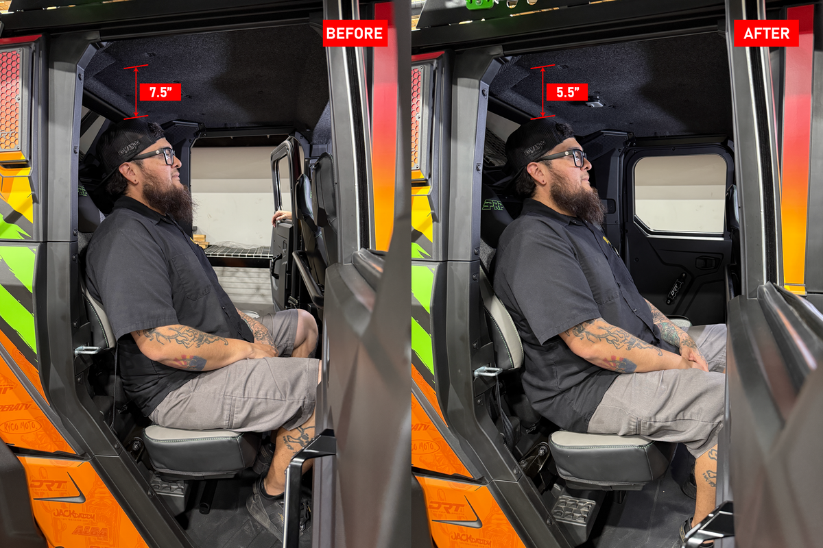 UTV Stereo before and after comparison showing head clearance reduction from 7.5 inches to 5.5 inches