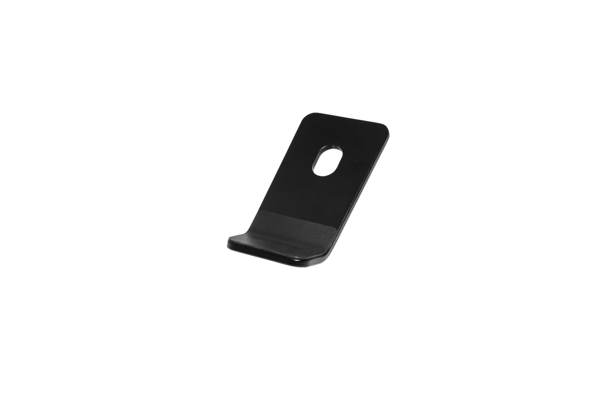 Black metal L shaped mounting bracket with a single circular hole