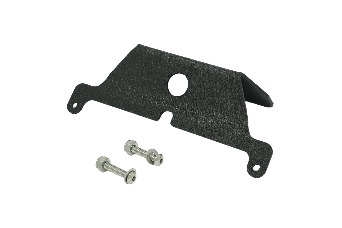 Black textured metal mounting bracket with two stainless steel bolts and nuts
