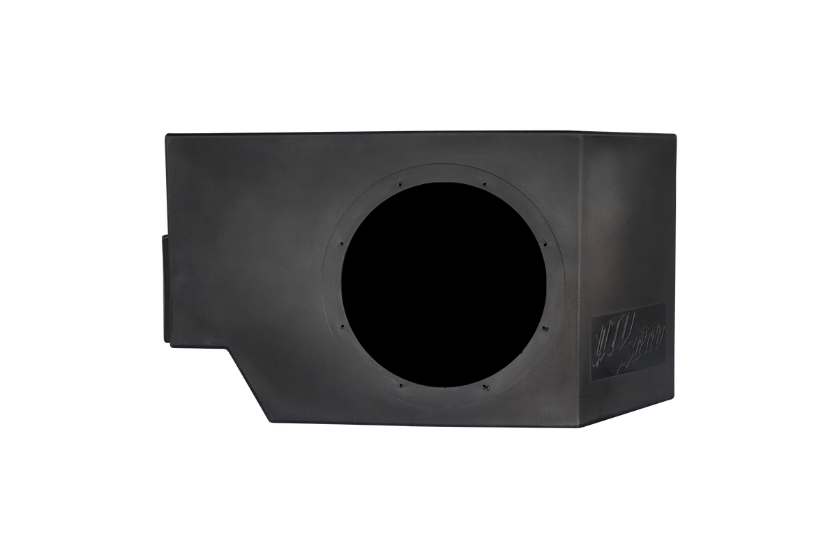 Black UTV Stereo subwoofer enclosure with a circular speaker cutout