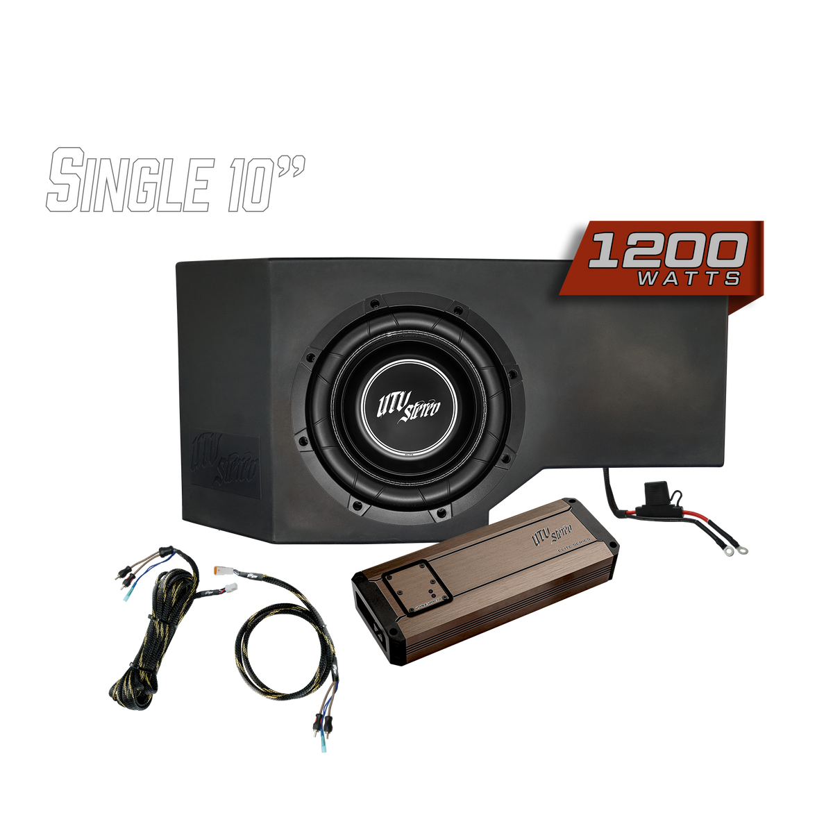 UTV Stereo single 10 inch subwoofer enclosure with 1200 watt amplifier and wiring harness