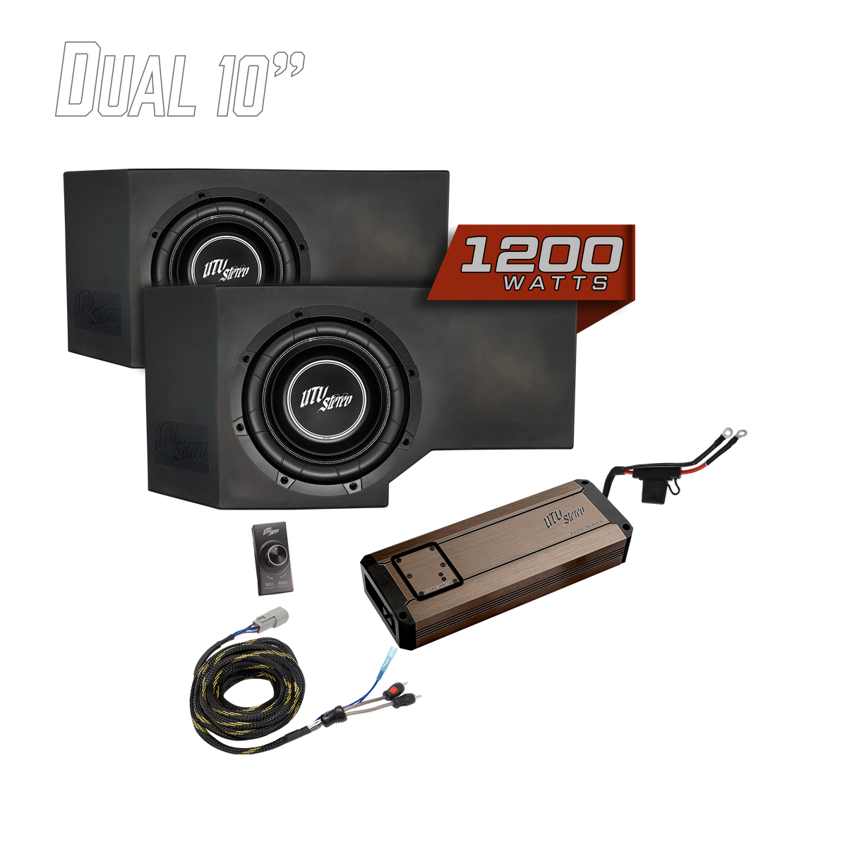 UTV Stereo dual 10 inch subwoofer enclosure with 1200 watt amplifier and wiring kit