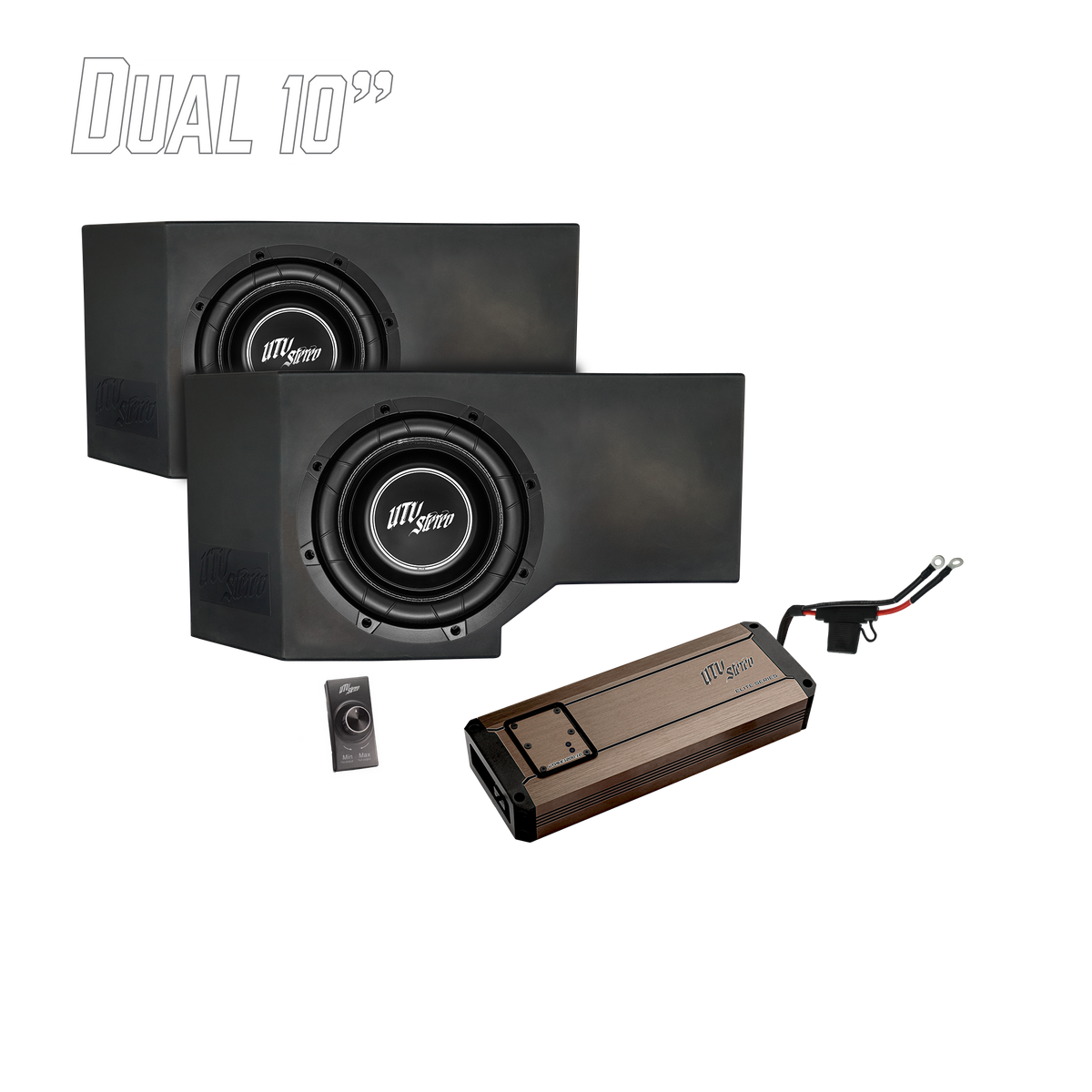 UTV Stereo dual 10 inch subwoofer enclosure with amplifier and bass knob controller