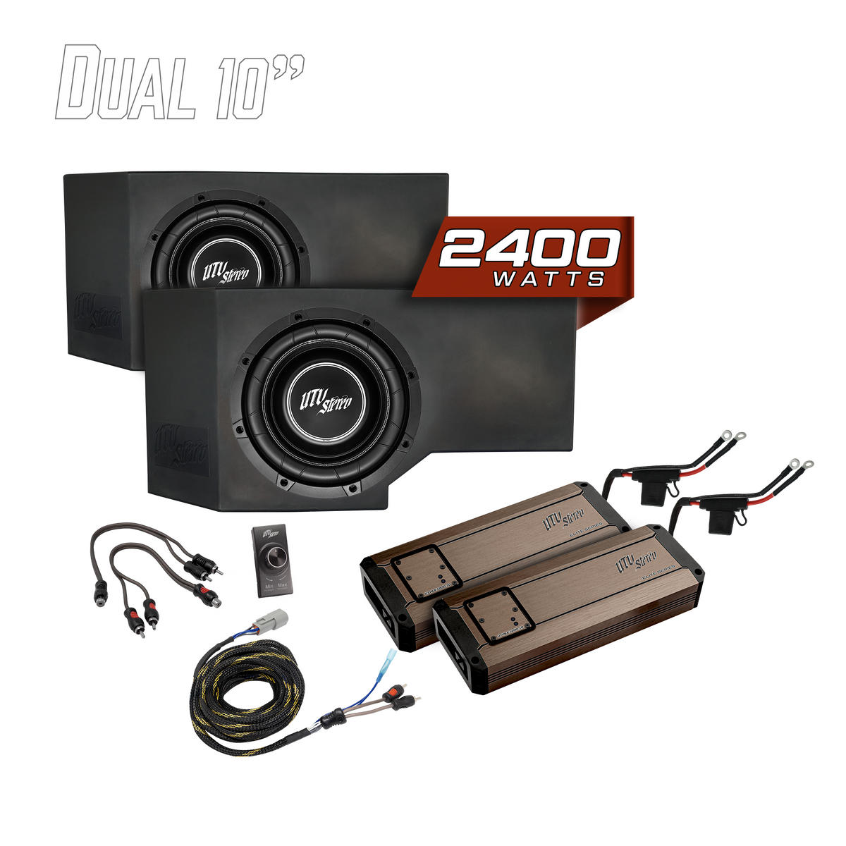 UTV Stereo dual 10 inch subwoofer kit with two amplifiers and wiring accessories