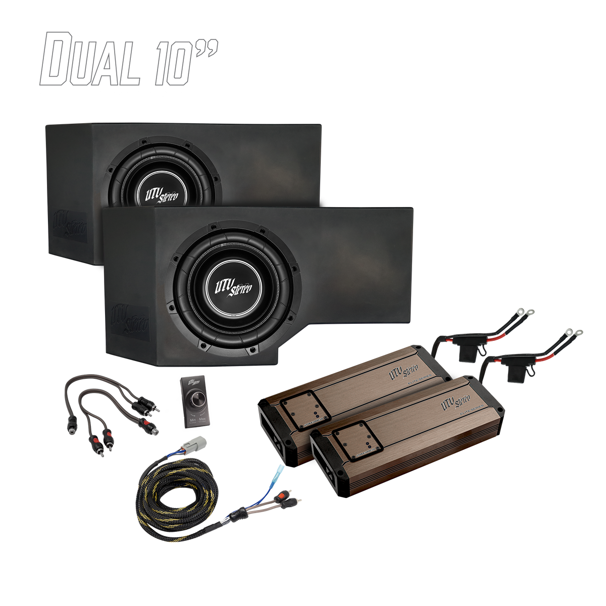 UTV Stereo dual 10 inch subwoofer enclosures with two amplifiers and wiring accessories