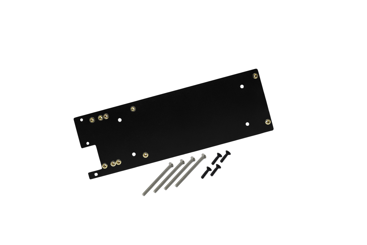 Black metal mounting plate with predrilled holes and included silver and black screws