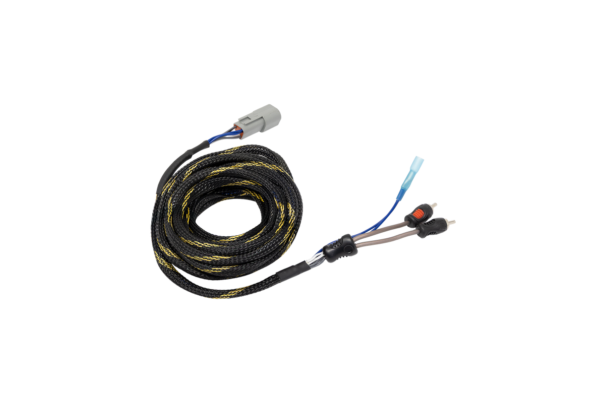 Coiled black and yellow braided wiring harness with grey connector and RCA plugs