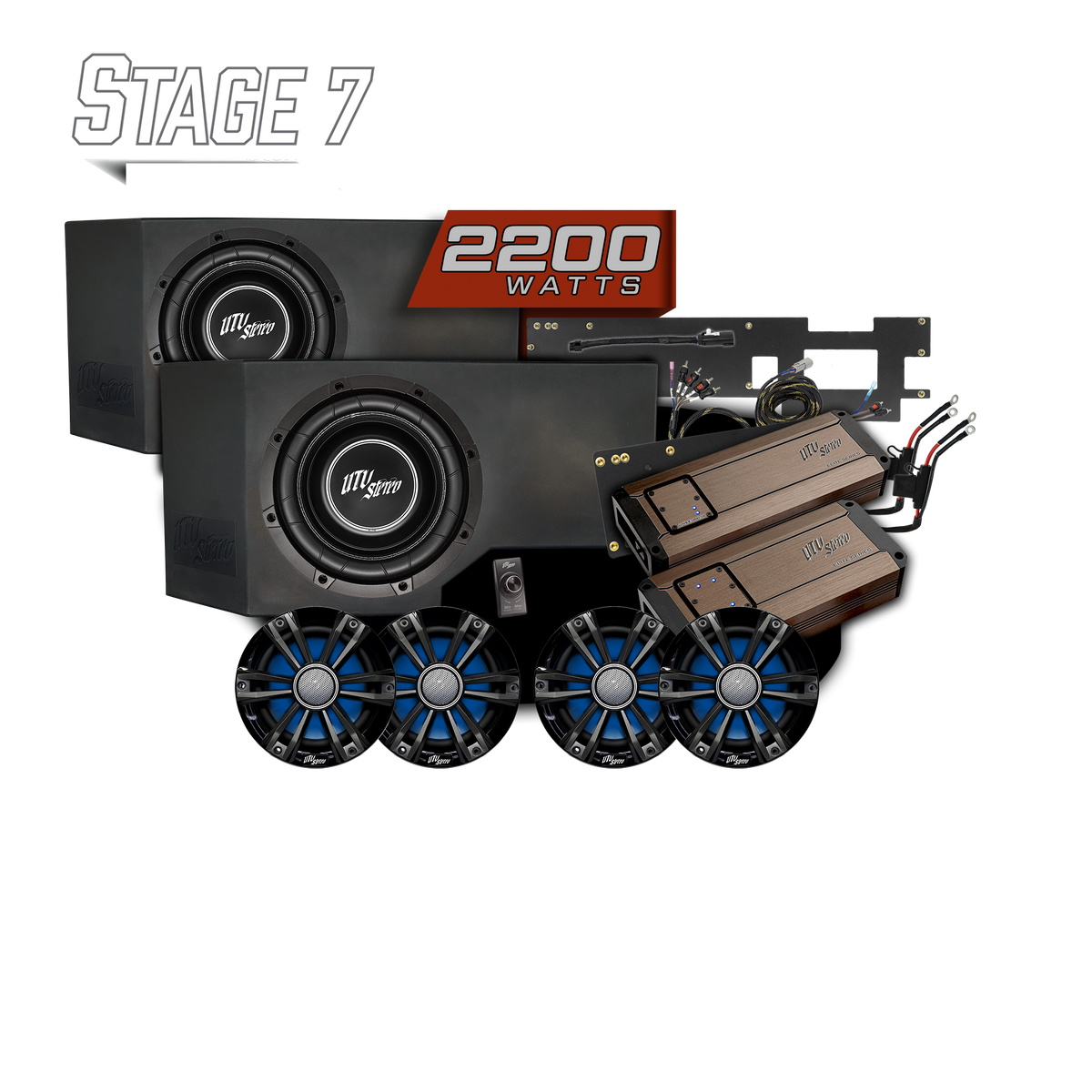 UTV Stereo Stage 7 audio system with two subwoofers, four speakers, two amplifiers, and wiring components